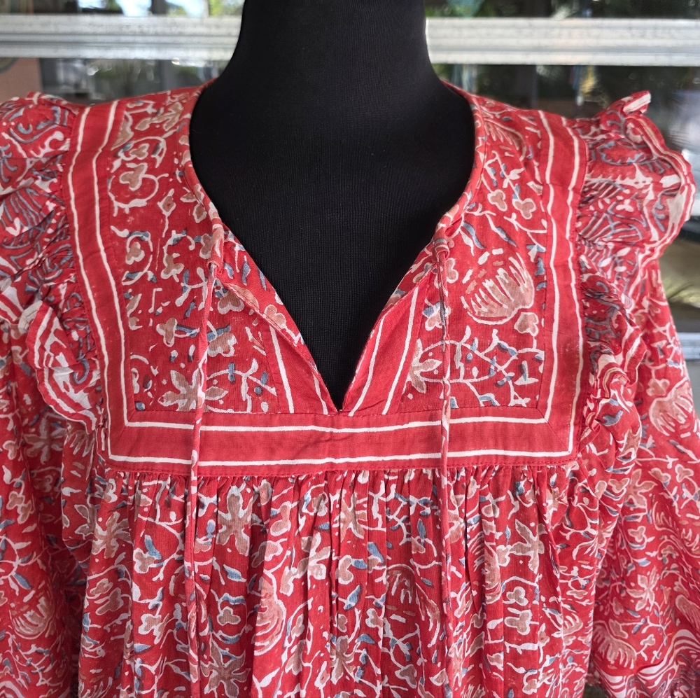 Cleobella Mylah Blouse Medium Red Fan Block Print… - image 6